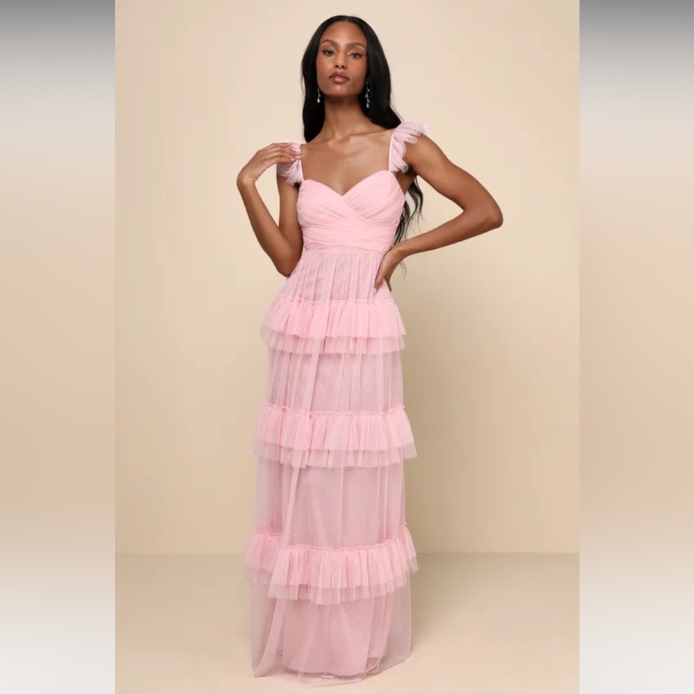 Pure Radiance Pink Mesh Swiss Dot Backless Tiered Maxi Dress
